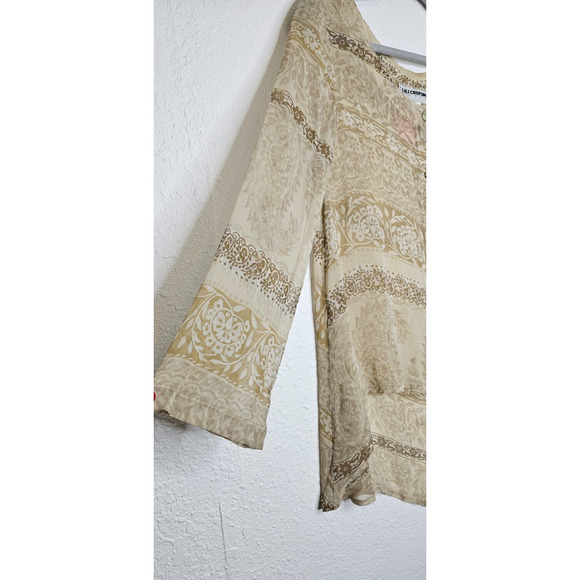 Vintage Lili Crepon Womens Top Plus 1 Tan Floral Sheer Button Up Blouse Shirt - Picture 3 of 10